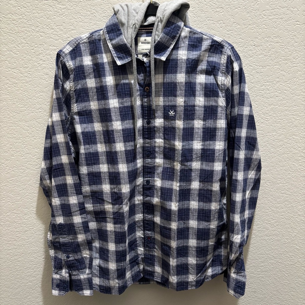 WROGN Men’s Blue and White Plaid Button-Up Hoodie Shirt size Large
